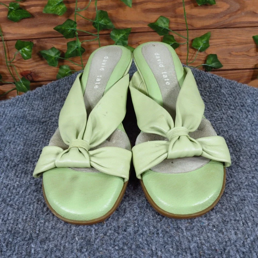 David Tate Women Leather Slide‎ Wedge Sandals Size 8 Casual Lime Green